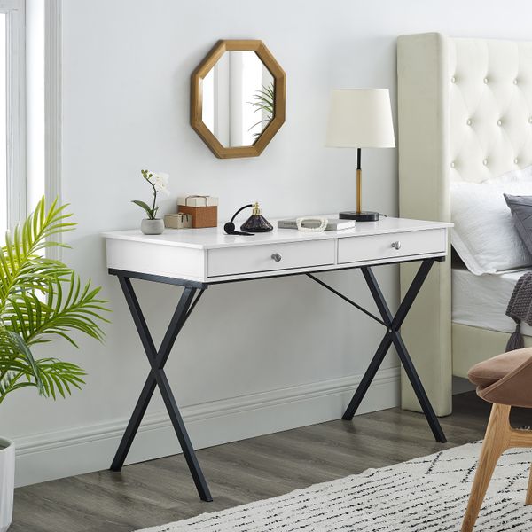 

withe finish 2 drawers writing desk with black stoving varnsih steel frame mdf table 42x20.5x30