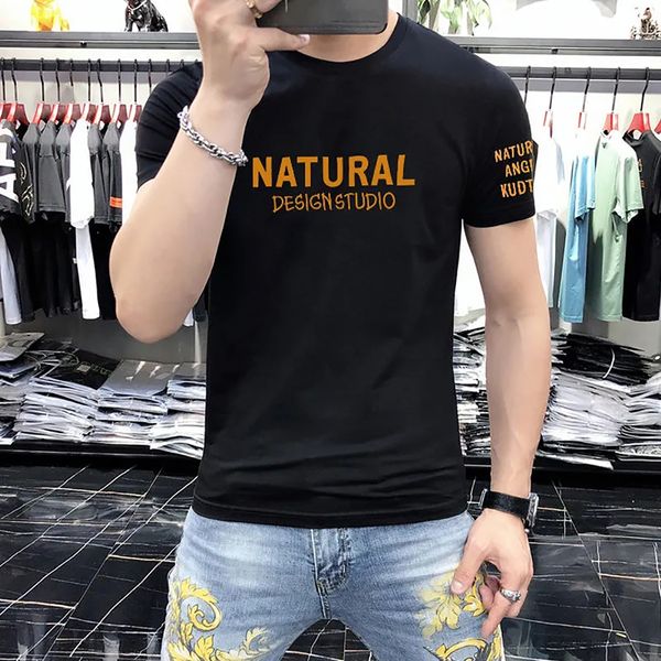 

short sleeve men's t-shirts pure cotton korean fashion casual letter print slim male tees 2022 new trend middle-aged young summer multi, White;black