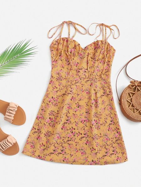 

knot strap ruched bust ditsy floral dress a3mx#, Black;gray