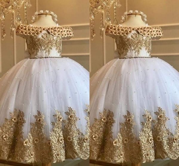 

2022 white gold embroidered pearls pageant dresses girls off the shoulder 3d flowers flower girl dress for wedding mini quinceanera toddlers, White;blue