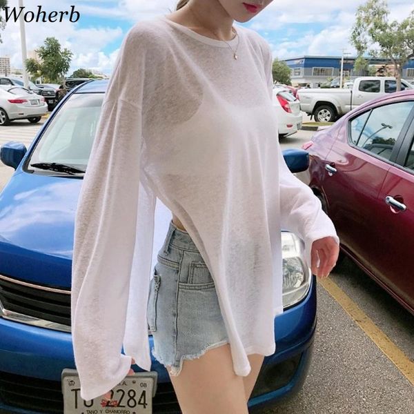 

women's t-shirt woherb summer tshirt women beach thin see through oversize tees korean chic white high street casual long sleeve shirts