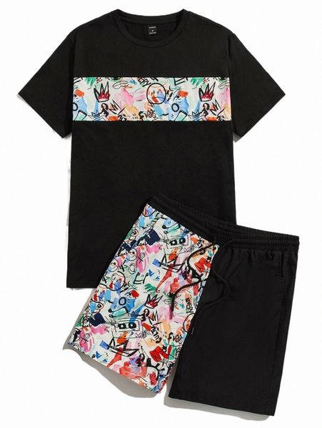 

men graffiti print tee & drawstring waist shorts x3g4#, Gray