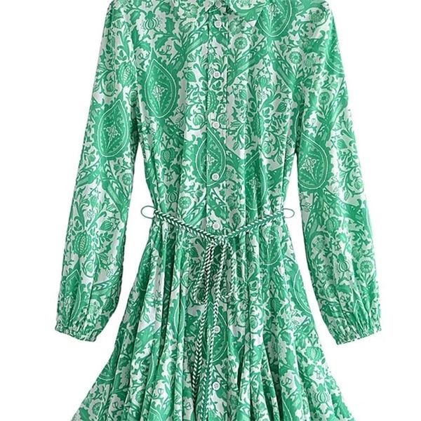 TRAF Zar Green Print Shirt Dress Woman Ruffle Short es Für Damen Gürtel Vintage Mini Langarm Casual es 220805