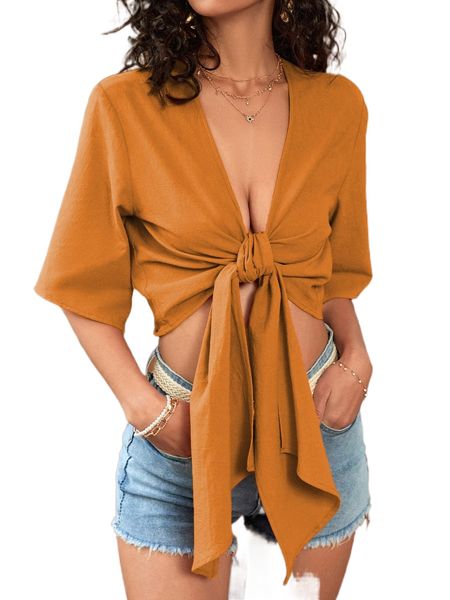 

solid tie front blouse 52gr#, White