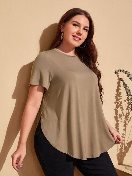 

plus solid curved hem tee 38yq#, Black