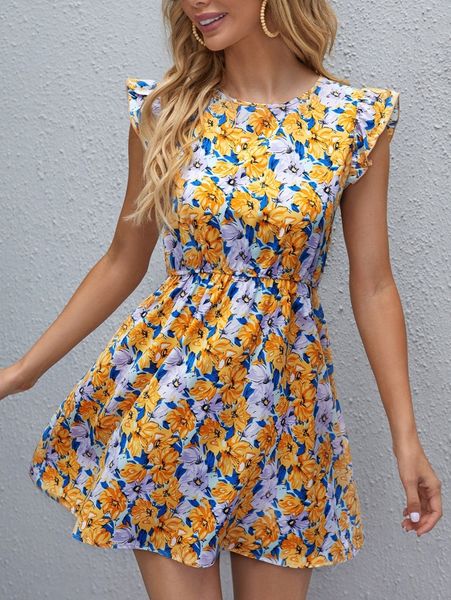 

floral print ruffle detail dress b1um#, Black;gray