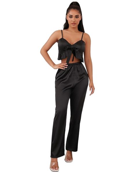 

tie front ruffle trim satin pj set 42gs#, Black;red