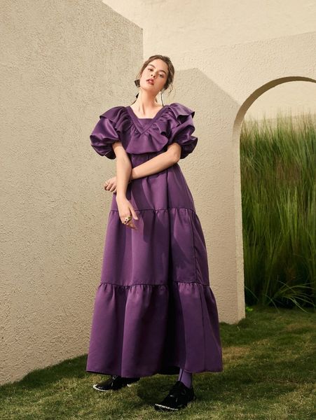 

puff sleeve ruffle trim flounce hem dress m62g#, Black;gray