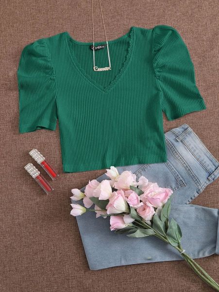 

puff sleeve lace trim rib-knit m29x#, White