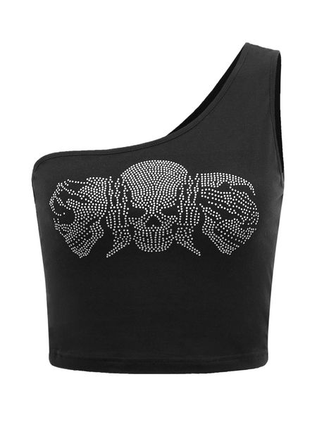 

rhinestone skull print one shoulder crop m8vc#, White