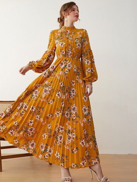 

floral print mock neck lantern sleeve pleated hem dress h3wb#, Black;gray