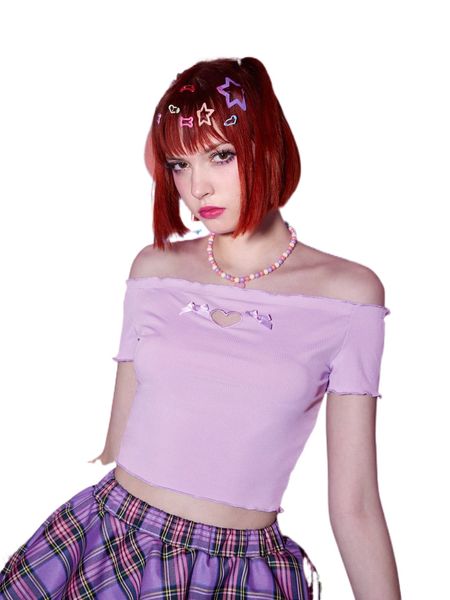 

romwe anime solid heart cut out off the shoulder tee i4jo#, White