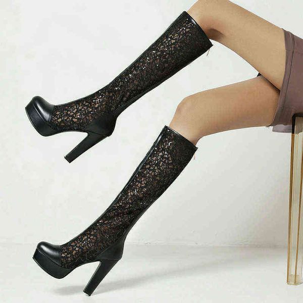 

mais tamanho 34 43 vero feminino joelho botas altas plataforma quadrada salto alto de com zper vestido sapatos femininos 220421, Black