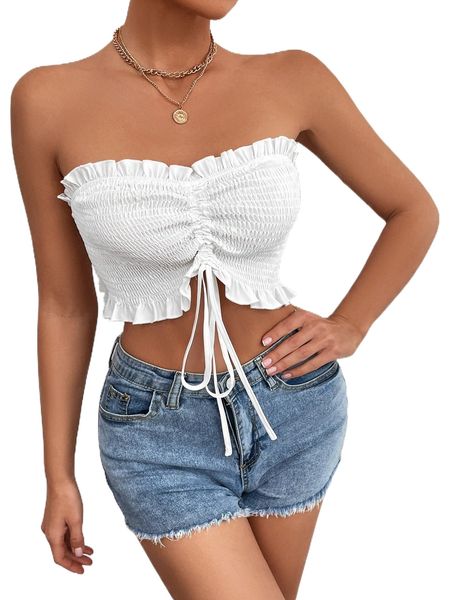 

drawstring front shirred ruffle trim tube k1gu#, White