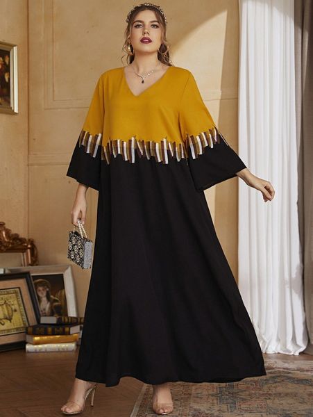 

plus colorblock v neck dress x8p8#, Black