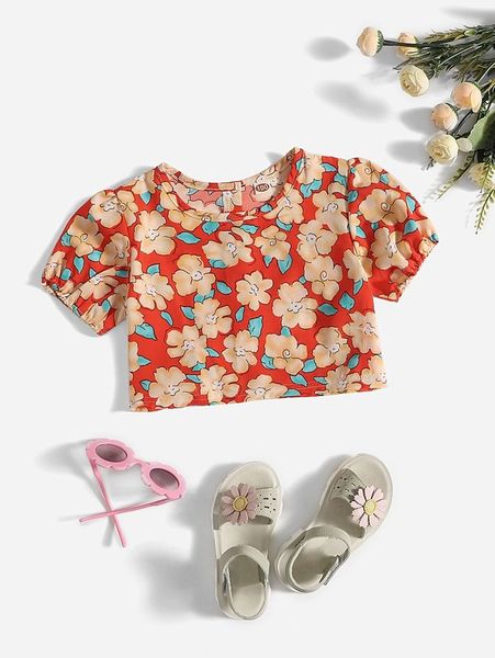 

toddler girls allover floral print puff sleeve blouse she, White;black