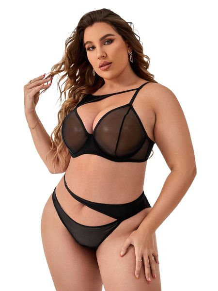 

plus cut out mesh underwire lingerie set 52n7#, Black;white