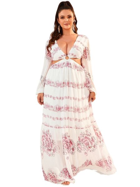 

plus floral print cut out o-ring detail dress r7sf#, Black