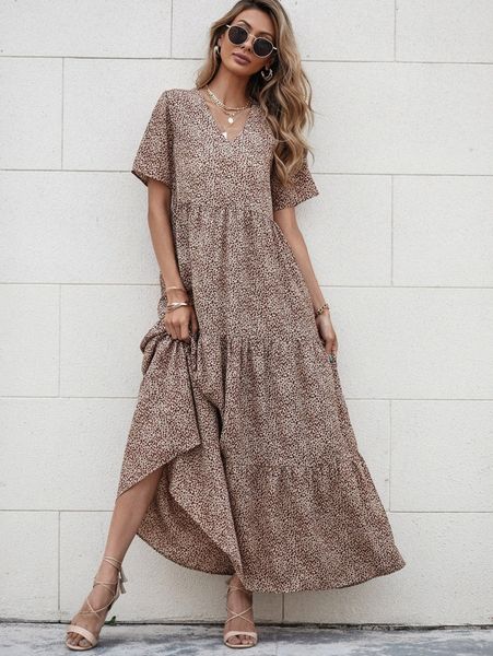 

leopard print ruffle hem smock dress l1ge#, Black;gray