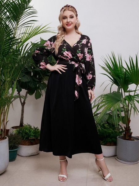 

plus floral print surplice neck belted dress d1hw#, Black
