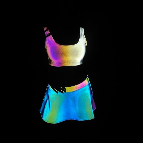 

women's tracksuits colorful reflective temptation super short skirts mini high waist woman side zipper a-line skirt dance night club ou, Gray