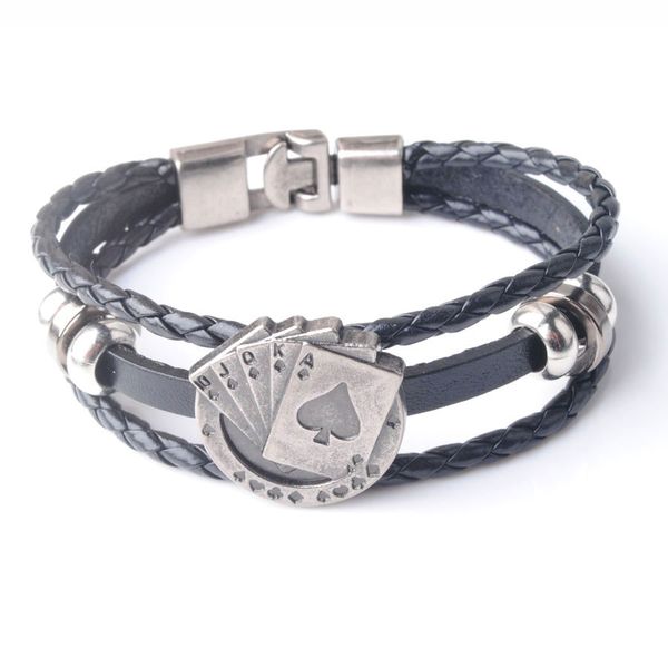 

men's dichroic leather bracelets vintage lucky poker card charm multilayer woven bracelet male cuff jewelry gift bc005, Golden;silver