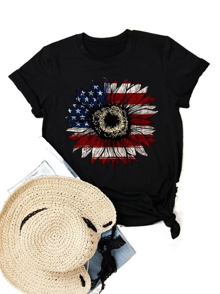 

plus sunflower & american flag print tee 26xm#, Black