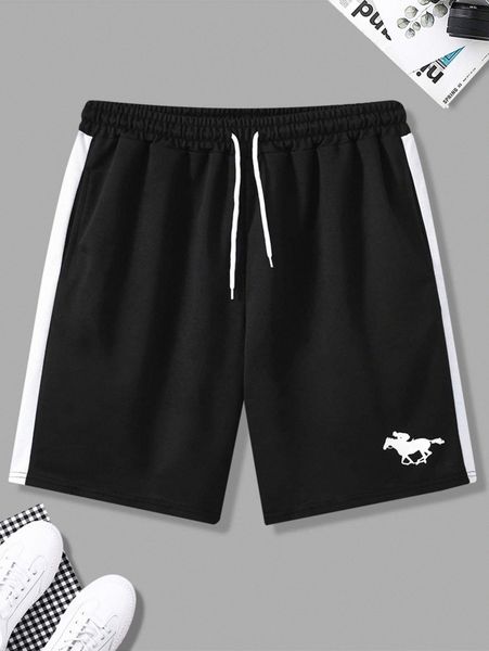 

men horse & figure graphic contrast side seam track shorts s3ld#, White;black