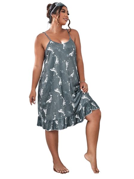 

plus fish print ruffle hem cami night dress e3ca#, Black;white