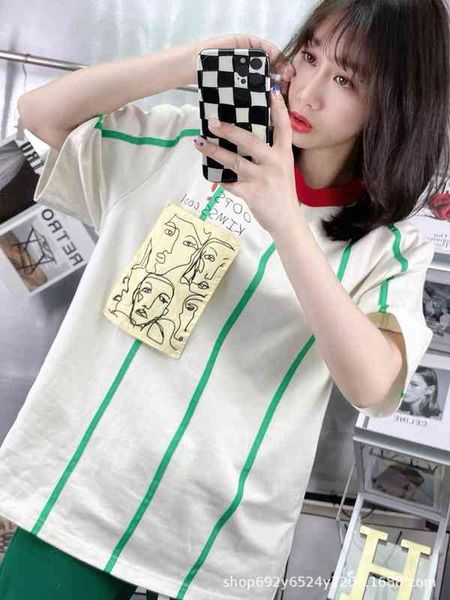 

women's t-shirt spring and summer niche fashion abstract painting pocket design contrast color round neck stripe short sleeve t-shirt, White