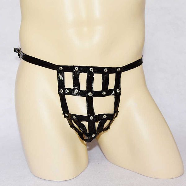 

2022 adultshop ye zimei' funny men' patent leather hollow out t-pants u rivet clip on underpants, Red;black