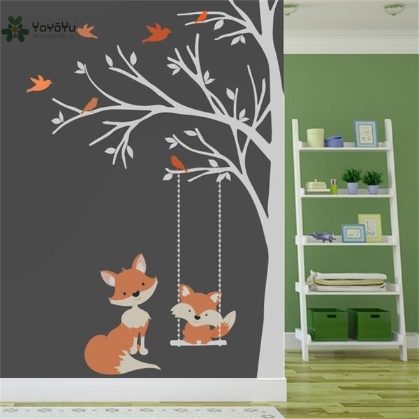 Adesivo in vinile Adesivo Nursery Grande albero con uccelli e volpi Altalena personalizzato Qualsiasi colore Wall Art Mural Kid Room Decor DIY WW-349 T200601