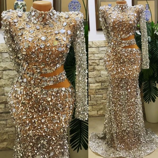 2022 plus size arabic aso ebi prata sereia luxuosa baile vestidos cristais noturno festas formais segunda recepção vestidos de noivado de aniversário vestidos zj866