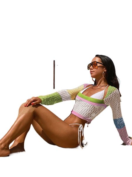 

bikinx color block open knit cover up without bikini h48p#, White;black