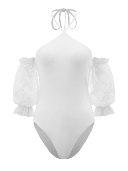 

tie back off shoulder contrast eyelet embroidery bodysuit j88p#, White