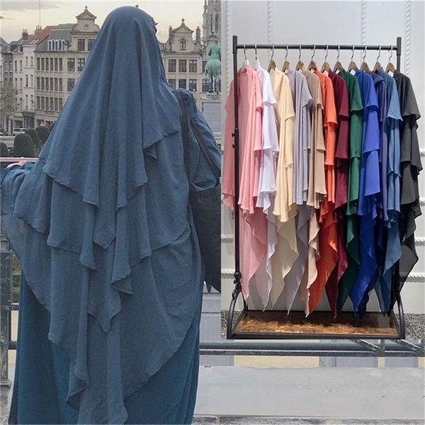 Dame Mode Muslimischen Khimar Drei Schicht Rüschen Hijabs Dubai Türkei Arabisch Frauen Turban Islamischen Kopfschmuck Scrafs Gebet Kleidungsstück 220816