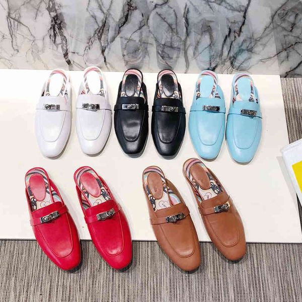

dress shoes spring/summer leather flat solid color round head metal buckle ladies fashionable comfortable slippers ua90, Black