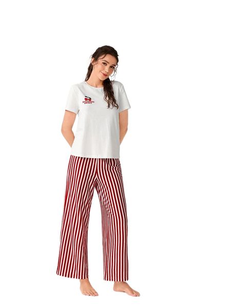 

cherry & slogan pattern tee & striped print pants pj set 602l#, Black;red