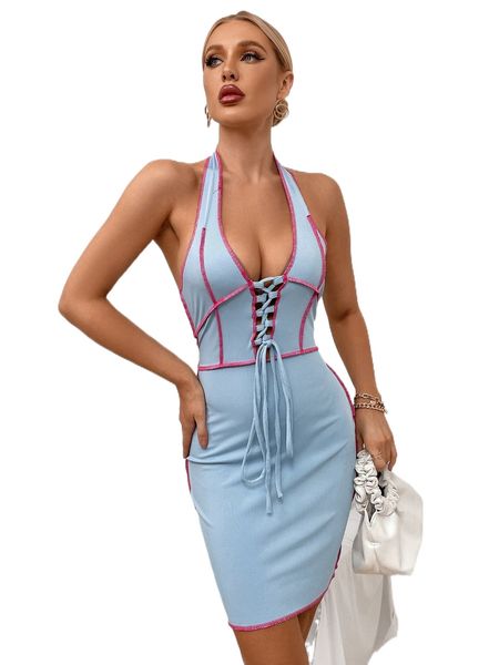 

stitch trim lace up rib knit dress o0z7#, Black;gray