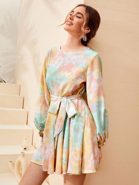 

tie dye lantern sleeve belted dress k1ve#, Black;gray