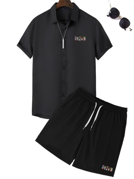 

men cartoon graphic button through shirt & drawstring shorts u5qt#, Gray