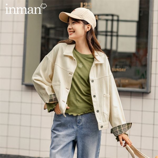 

inman autumn winter new arrival girl dropped shoulder plaid loose slim cotton jacket 201019, Black;brown