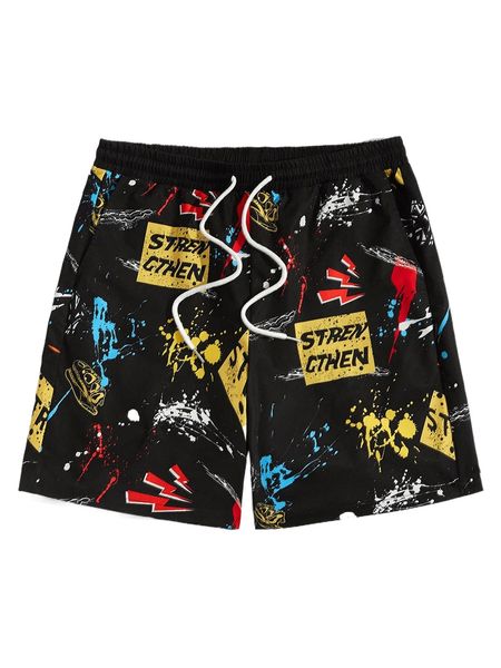 

men splash ink & letter graphic drawstring waist shorts t9f3#, White;black