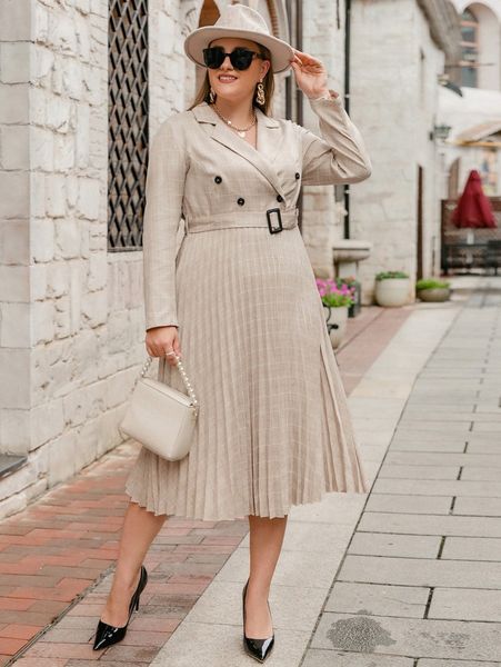 

simplee plus lapel neck double breasted belted pleated hem dress o3q7#, Black