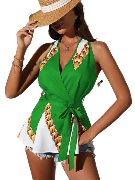 

chain print tie back halterneck belted blouse d7xg#, White