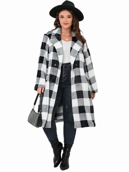 

plus buffalo plaid double breasted flannel coat y8wd#, Black
