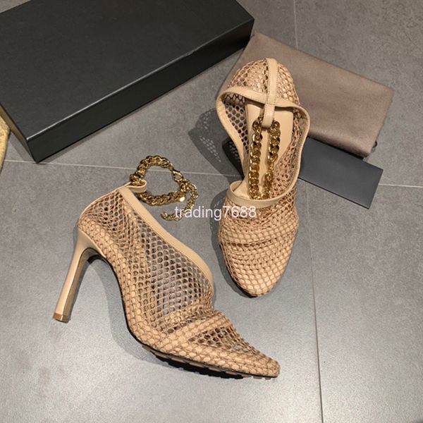 

sandals breathable mesh high heels women's sense chain thin ultra personalized sandals fashion, Black