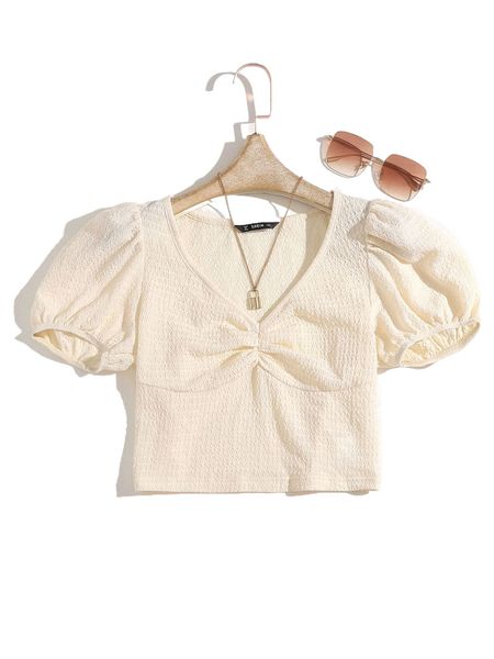 

plus ruched puff sleeve tee l9kz#, Black