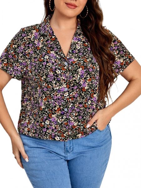 

plus floral print lapel collar shirt 78nq#, Black
