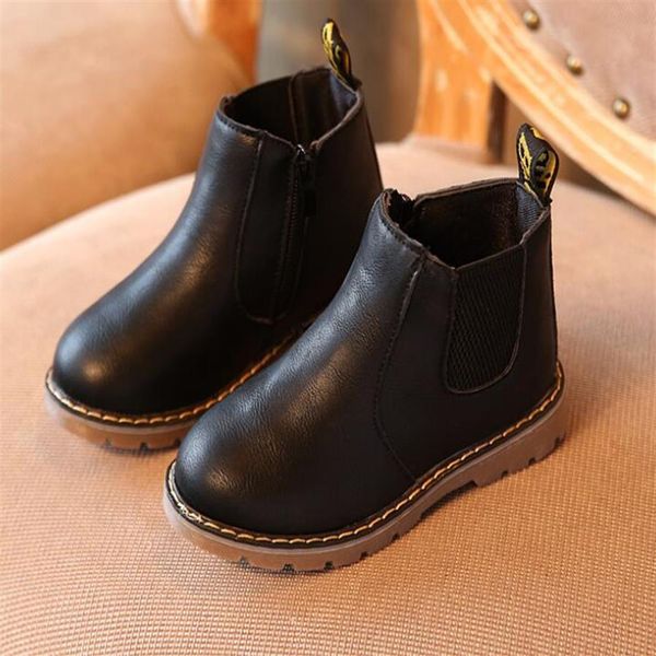 

retro kids baby girls boys snow boots autumn winter children martin boots ankle zip leather casual toddle shoes288s, Black;grey